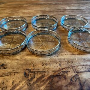 Set of 6 Antique Webster Pierced Sterling Silver & Etched Glass Coasters